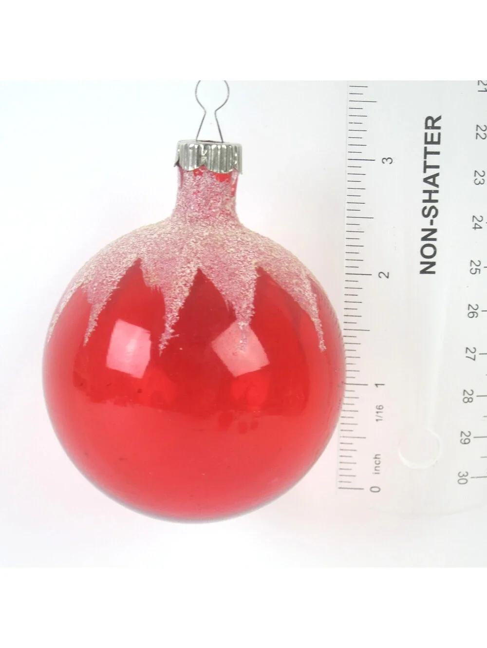 Vintage Shiny Brite Unsilvered Glass Christmas Ornament Red Ball Mica Snow 3